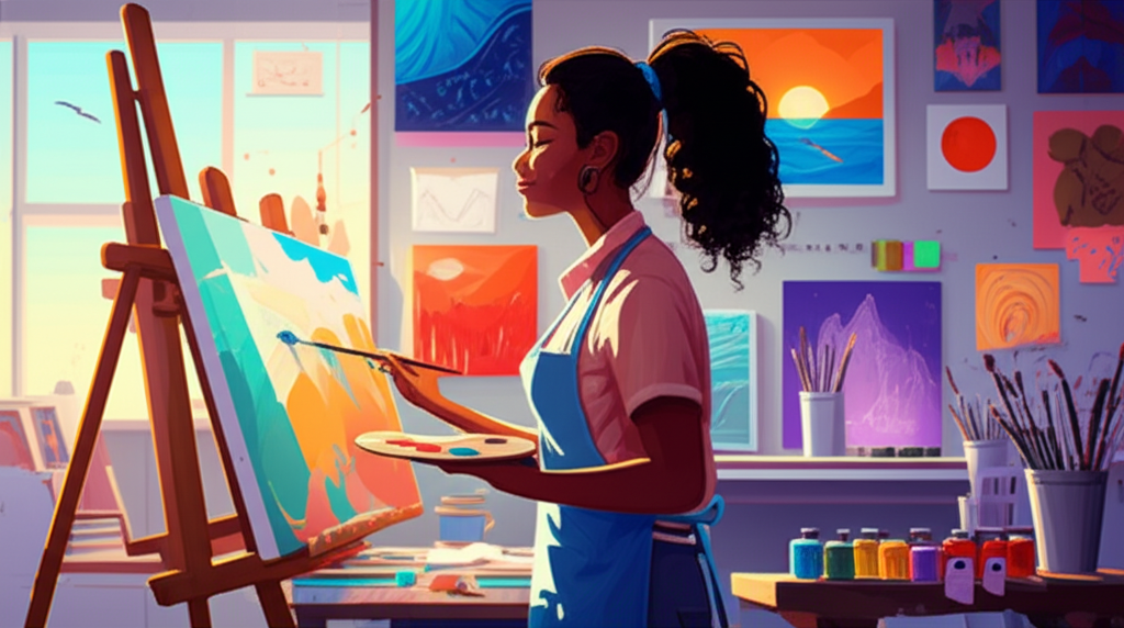 Artist at work in colorful studio